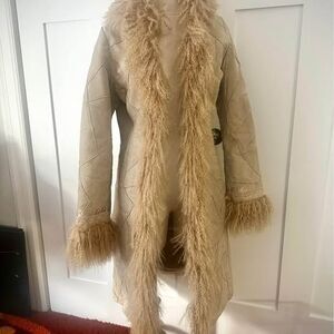 Y2K Penny Lane Boho Suede Patchwork Shearling￼ Coat XS Mongolian trim